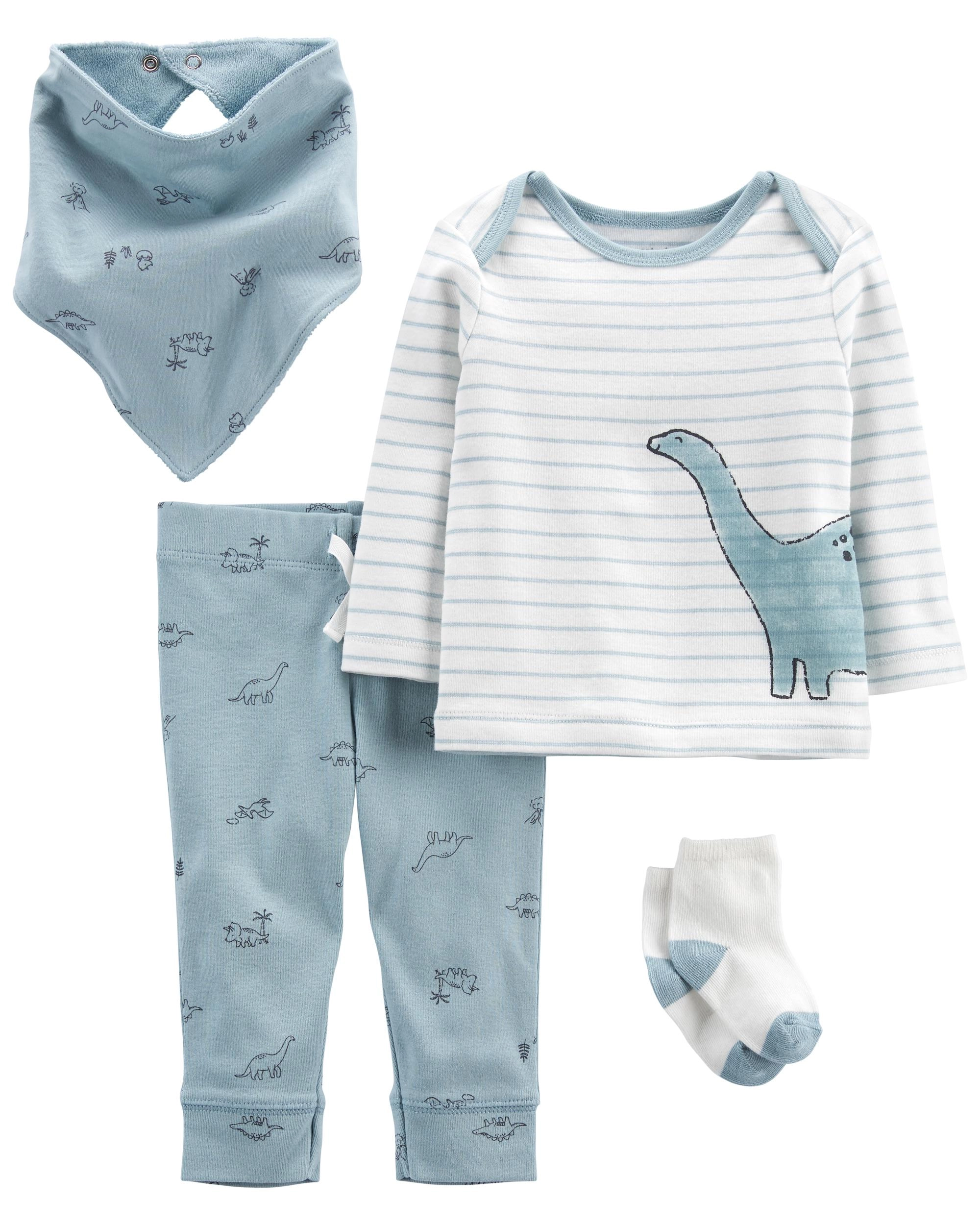 Levně Carter's Set 4dílny tričko dl. rukáv tepláky ponožky bryndáček Blue Dino chlapec LBB