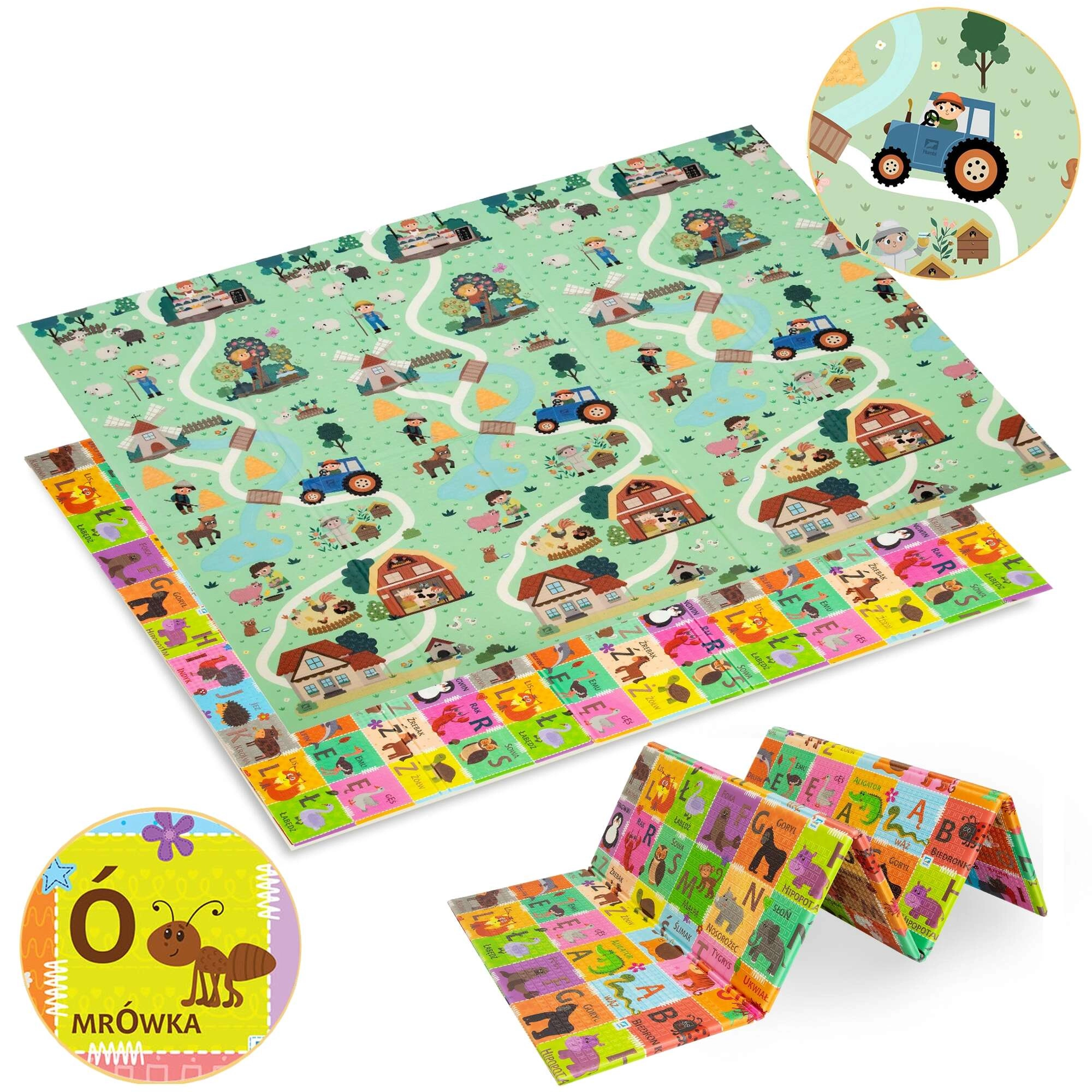 Dvoustranná skládací pěnová podložka HUMBI 180 × 200 cm – abeceda a farma