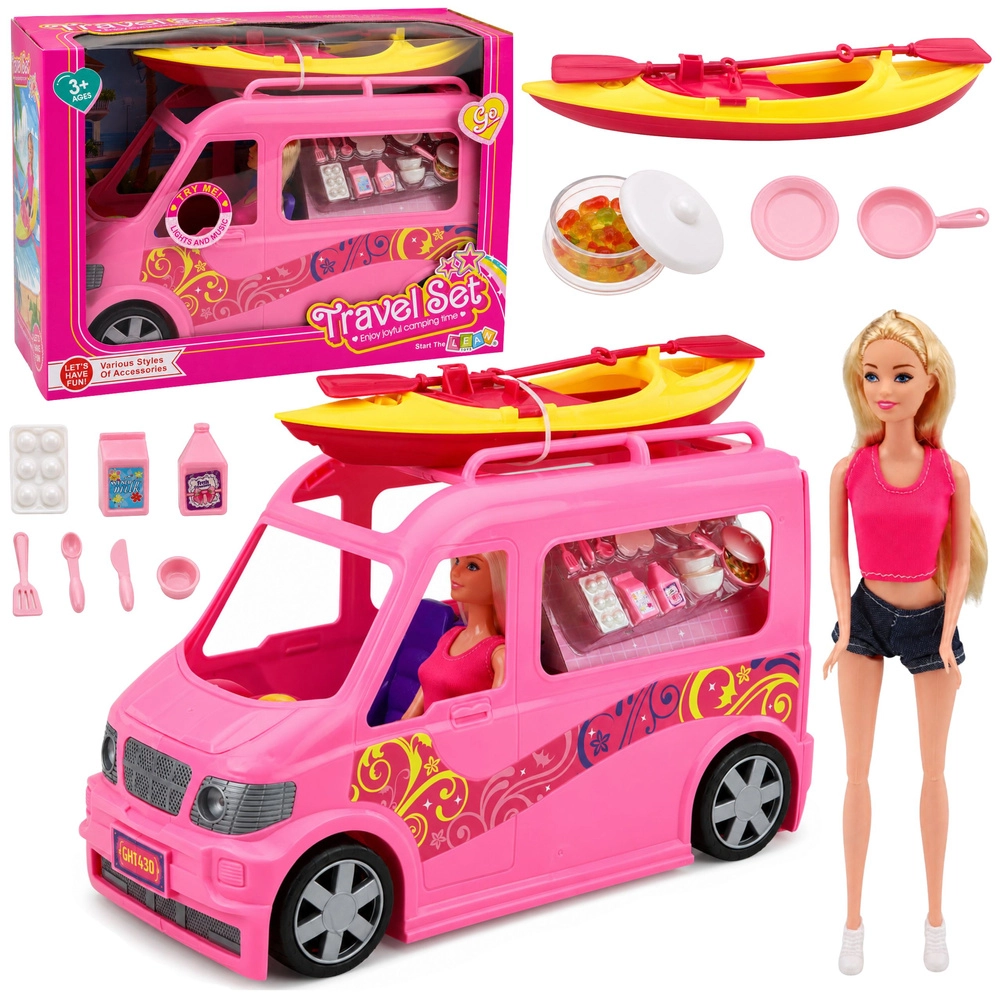 Lalka cestovatelka s kempingovým autem, kajakem a doplňky se světly a zvuky
