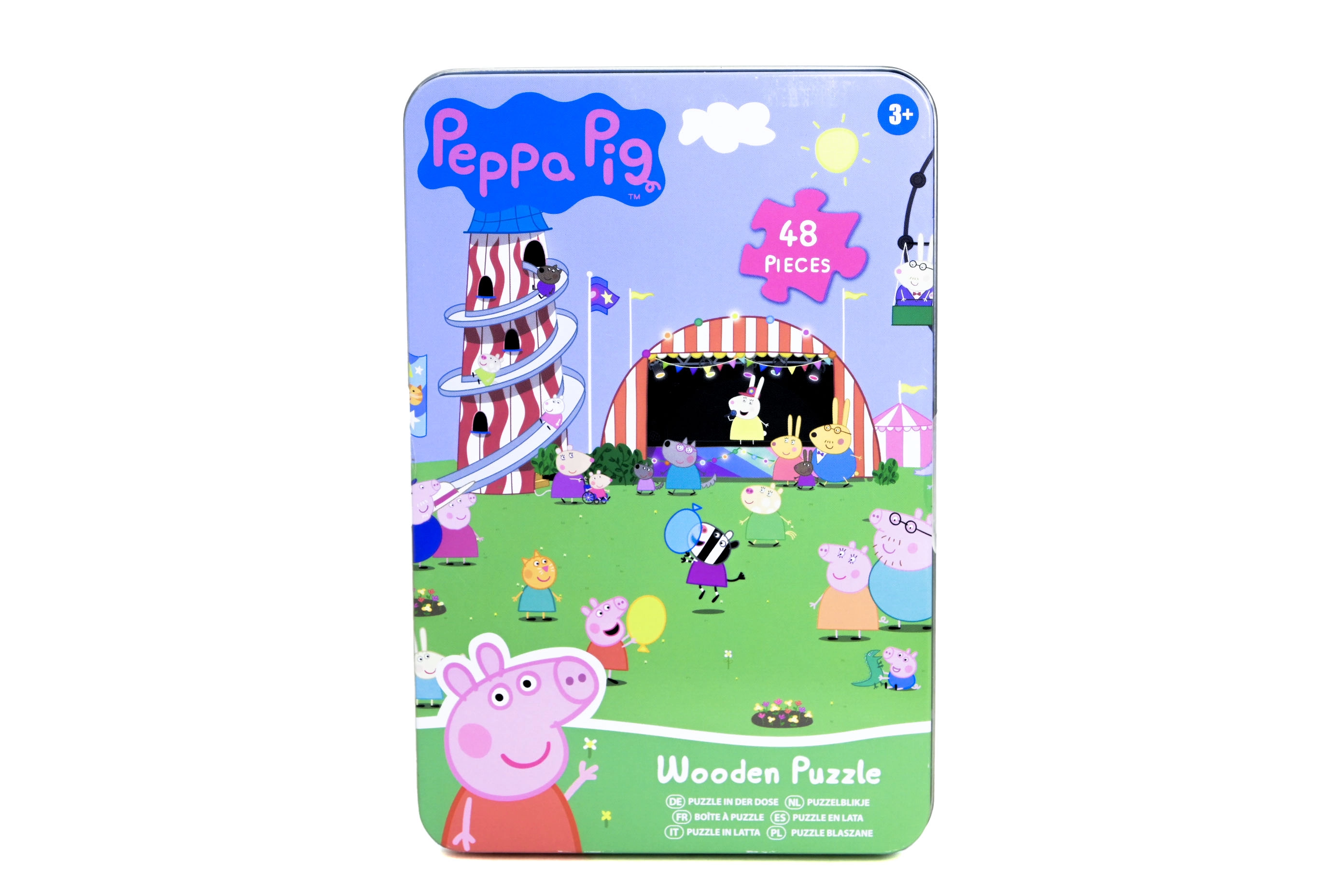 Dřevěné puzzle Peppa Pig v plechové krabičce 48 dílků