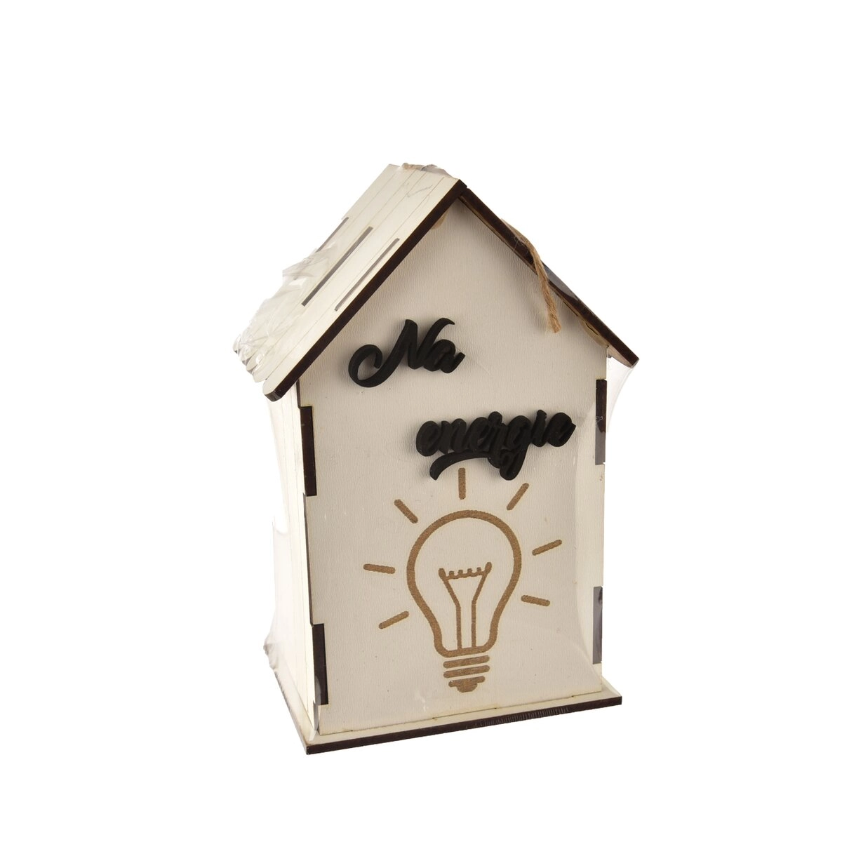 Bílá dřevěná pokladnička na spoření na energie