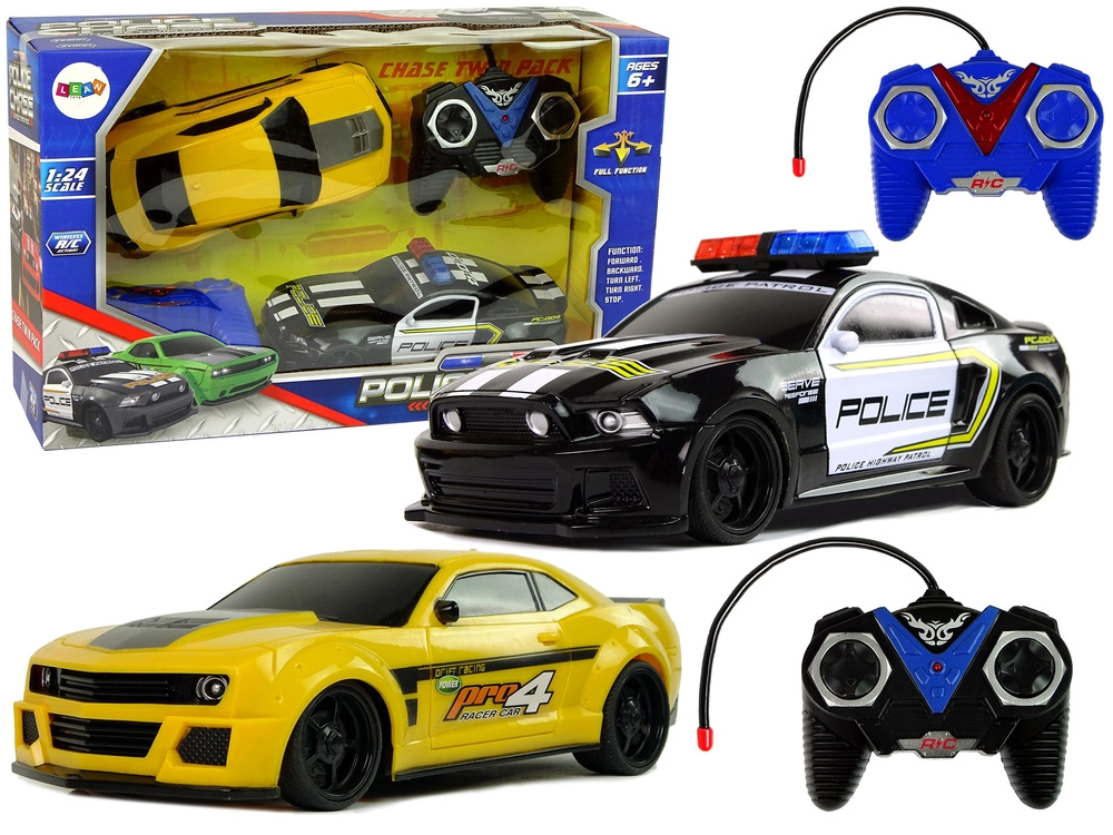 R/C sada autíček pro policejní honičku – policejní vůz a žluté sportovní auto se 2 ovladači