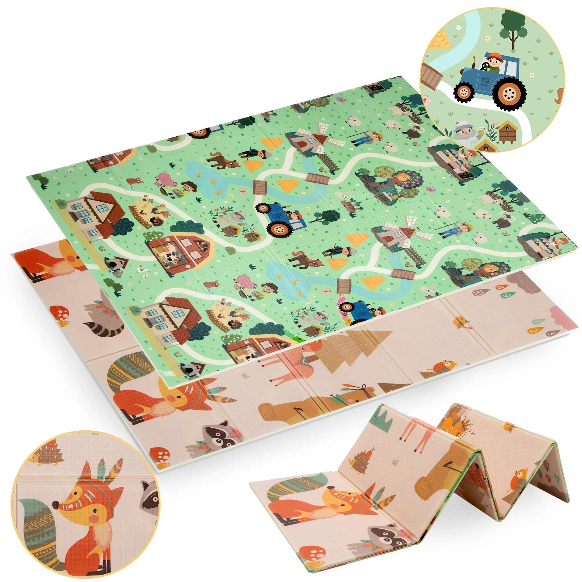 Dvoustranná skládací pěnová podložka HUMBI 120 × 180 cm – les a vesnice, XPE