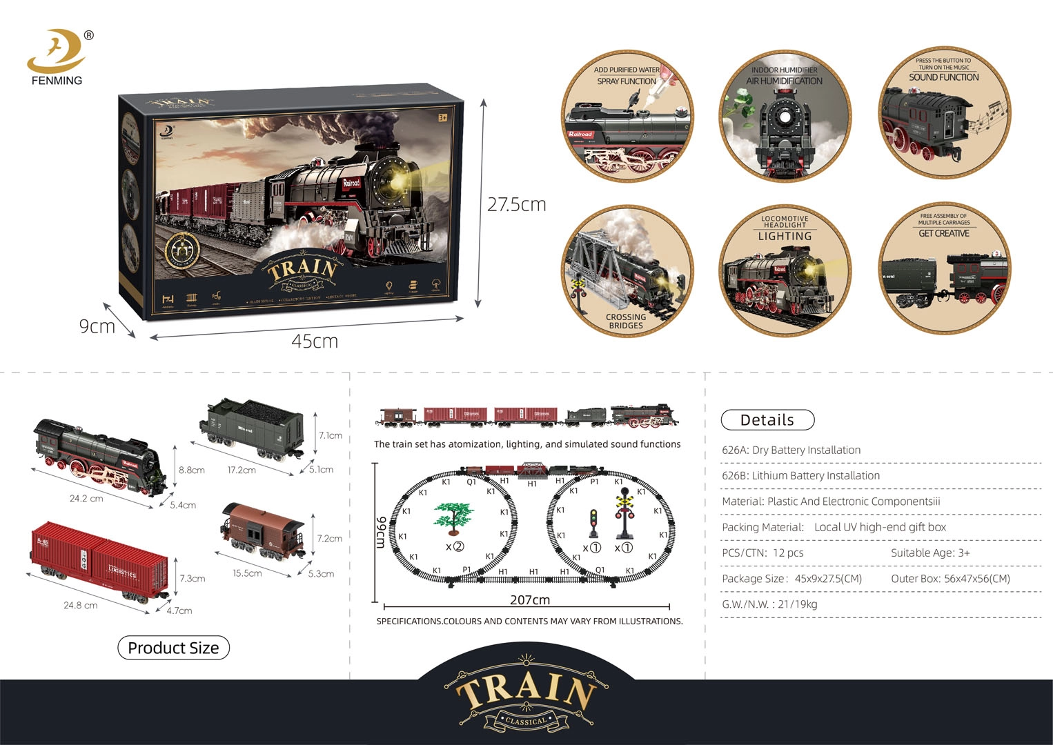 Retro vláček se světly, zvuky a kouřem 207 cm