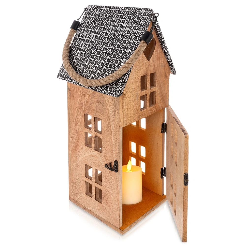 Svícen dřevo/kov MANGO domek v. 48,5 cm