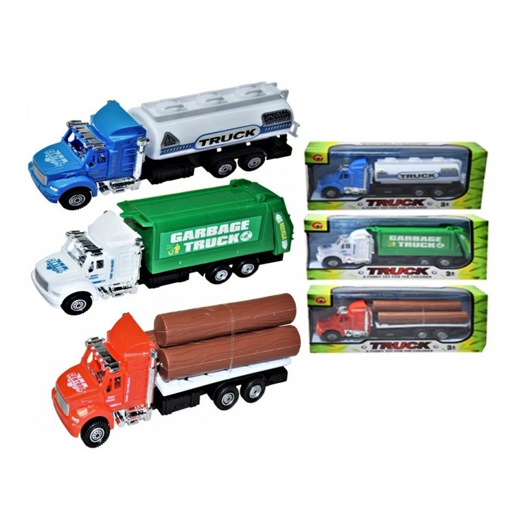 minitruck technické stroje – auto s dřevem, cisterna nebo kontejner