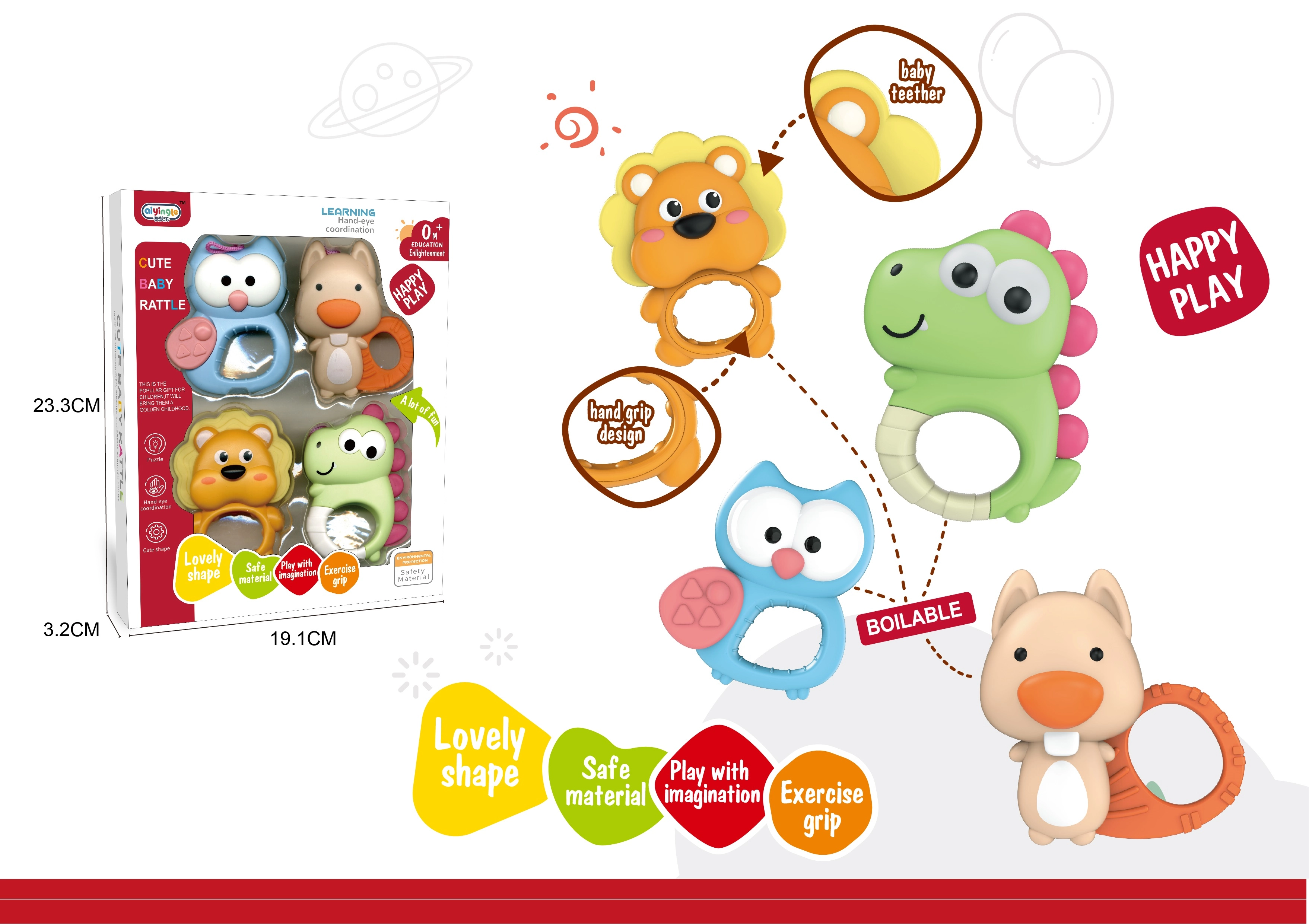 Chrastítka zvířátka, sada 4 ks