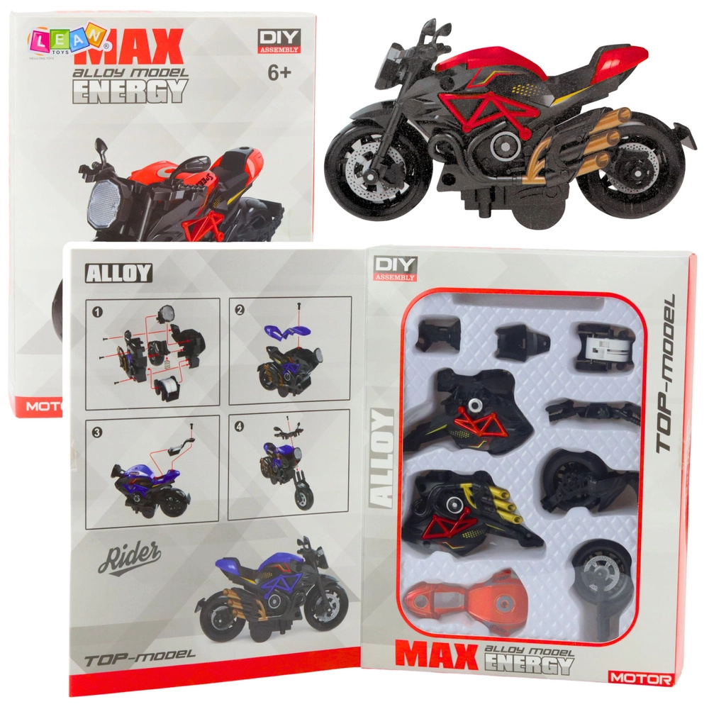 Motocykl k sestavení 1:14 černo-červený kovový model DIY