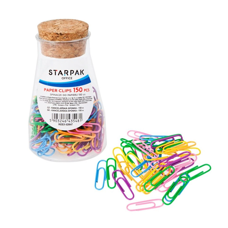 sada barevných kancelářských sponek v dóze