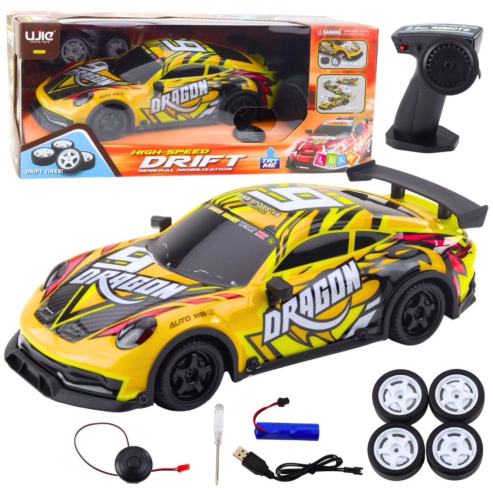 RC sportovní auto s podsvětlenou karoserií a driftovacími koly – žluté