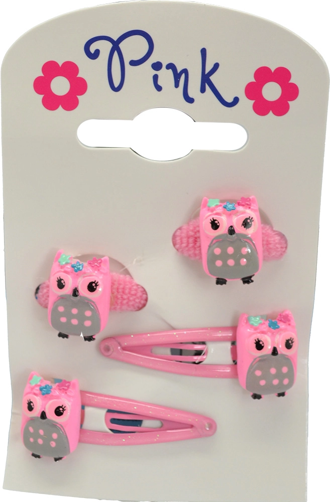 Velká sada spon a gumiček do vlasů Sova – růžová