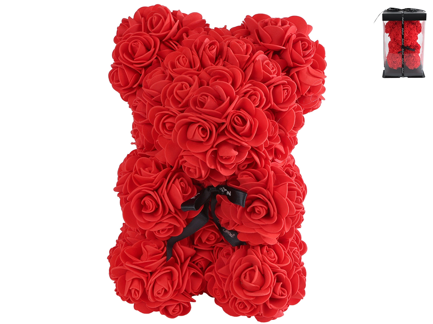 Červený medvídek z květin v dárkové krabičce, 23 cm