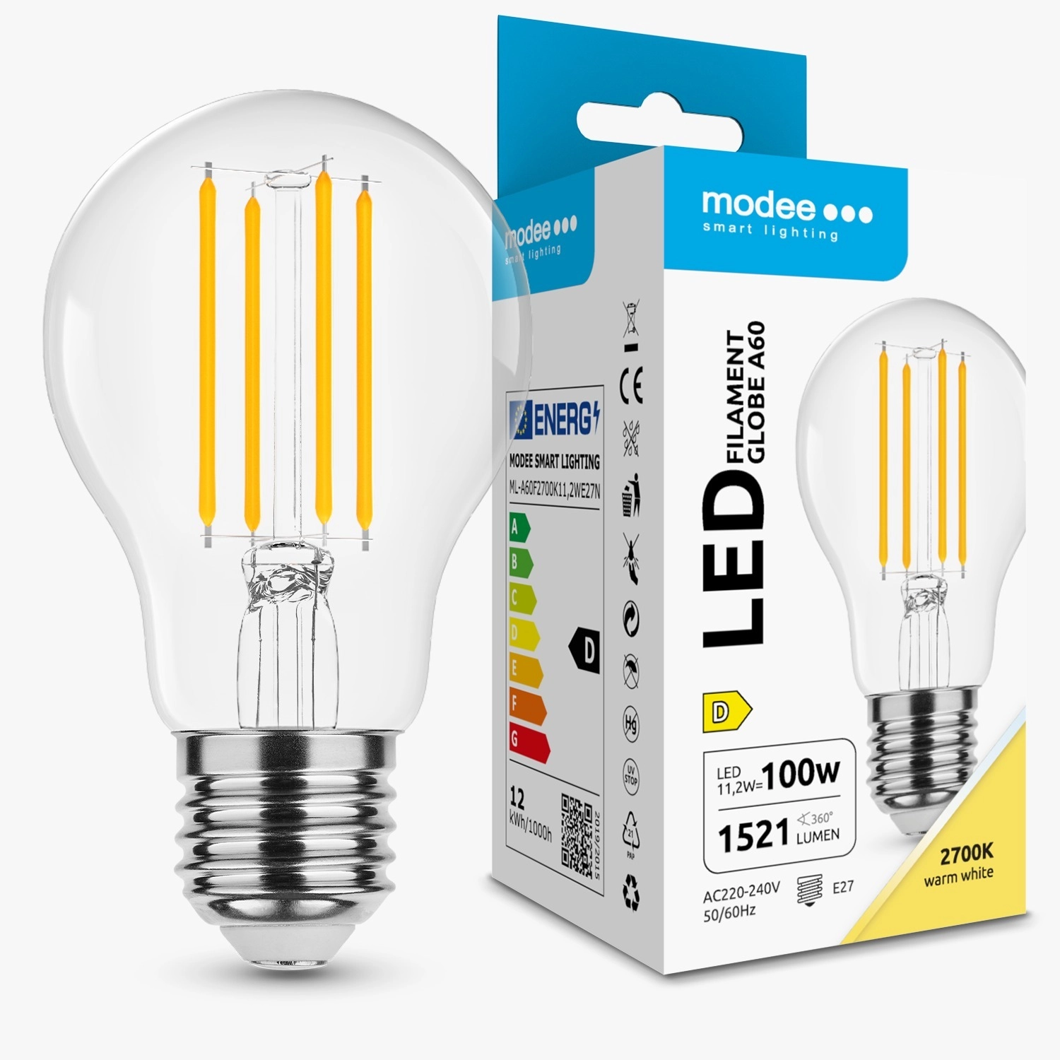 Levně Modee Smart Lighting LED filamentová žárovka Globe A60 E27 11,2 W teplá bílá