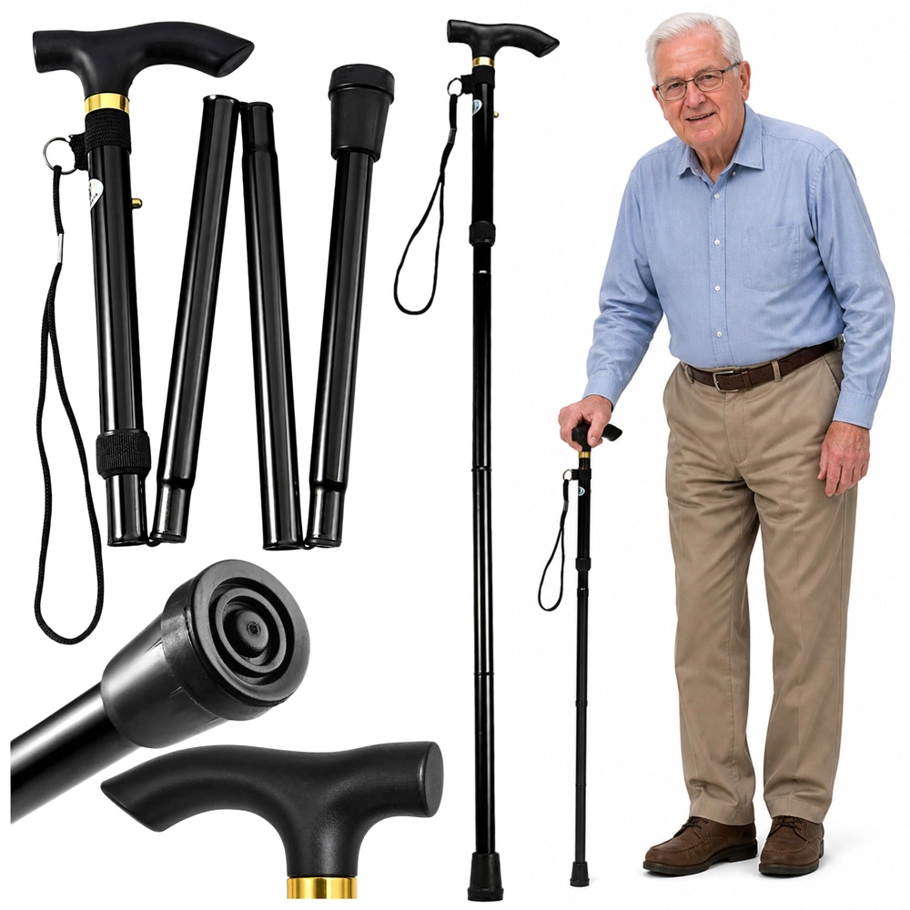 Skládací teleskopická hůl na chození pro seniory, černá 85–95 cm