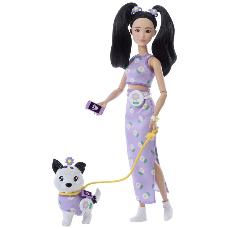 barbie dvojitý outfit květiny – panenka s pejskem a doplňky