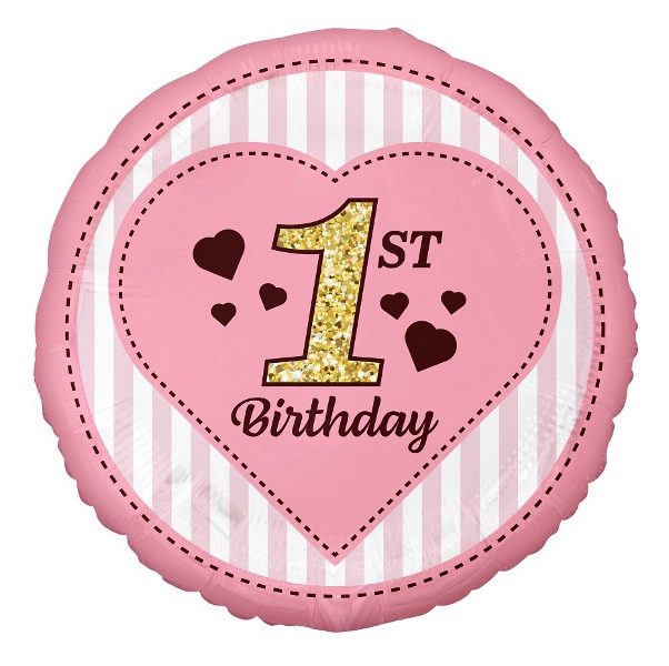 Růžový fóliový balónek 45 cm – 1st Birthday