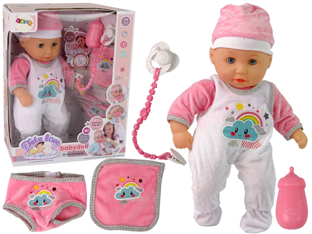 LEAN Toys Baby Doll Sound dudlík Bib Pink White Cloud Pyžamo