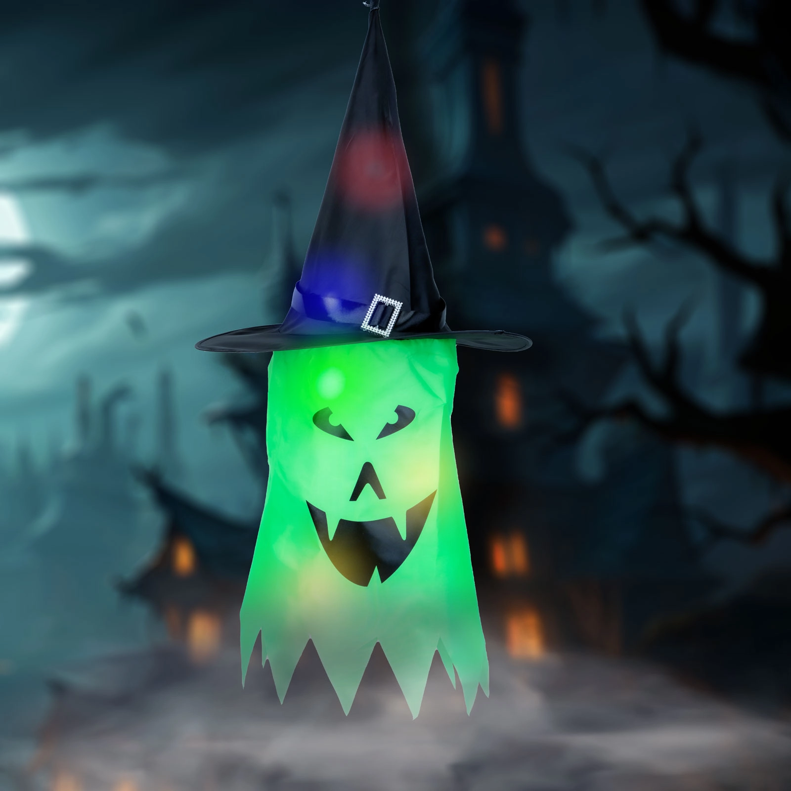 Halloweenská závěsná LED dekorace duch zelená
