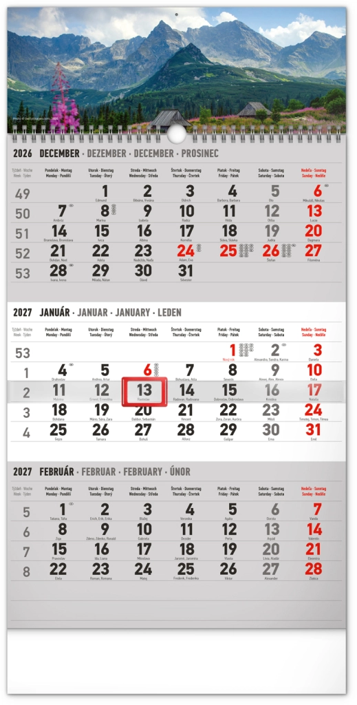 Notique nástěnný tříměsíční kalendář krajina šedý se slovenskými jmény 2027, 29,5 × 43 cm
