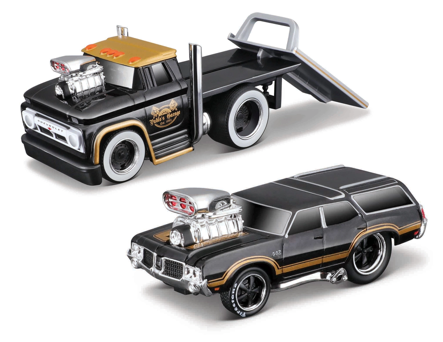 Levně MAISTO muscle Transports 1966 Chevrolet C60 Flatbed 1970 Oldsmobile Vista Cruiser 1:64