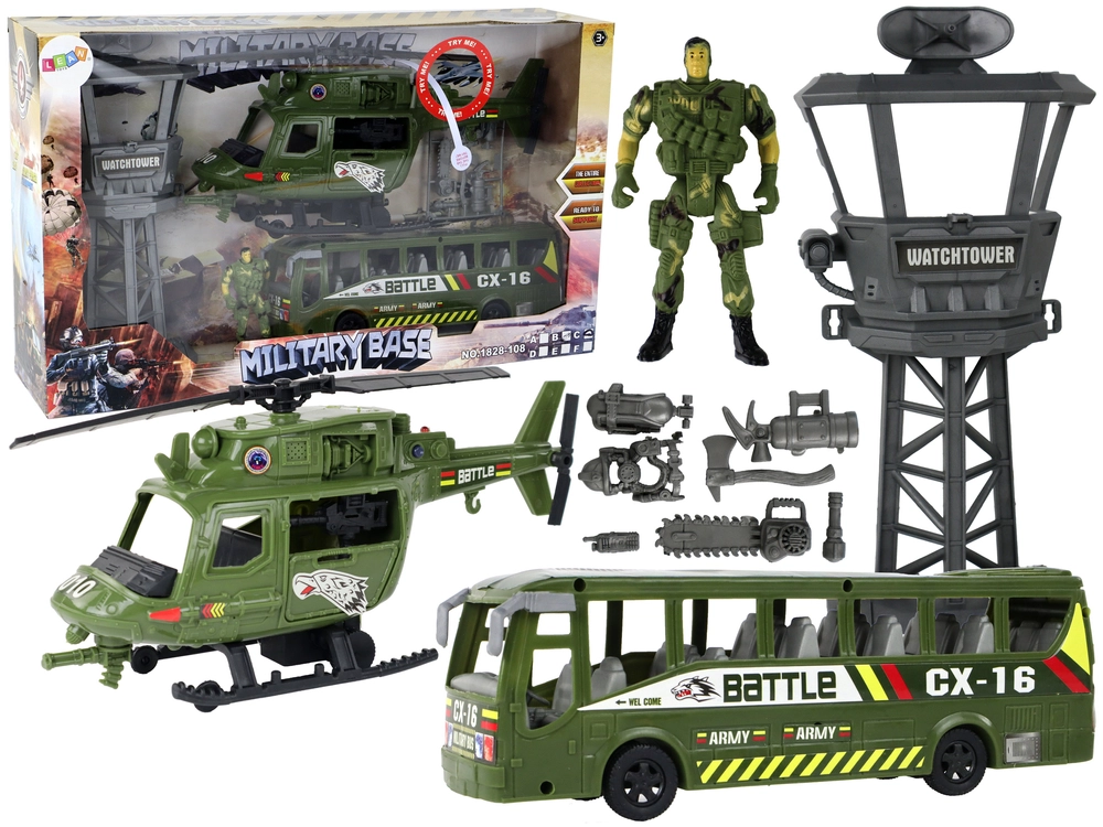 Lean Toys Vojenská herní sada Helikoptéra Motorka Strážná věž