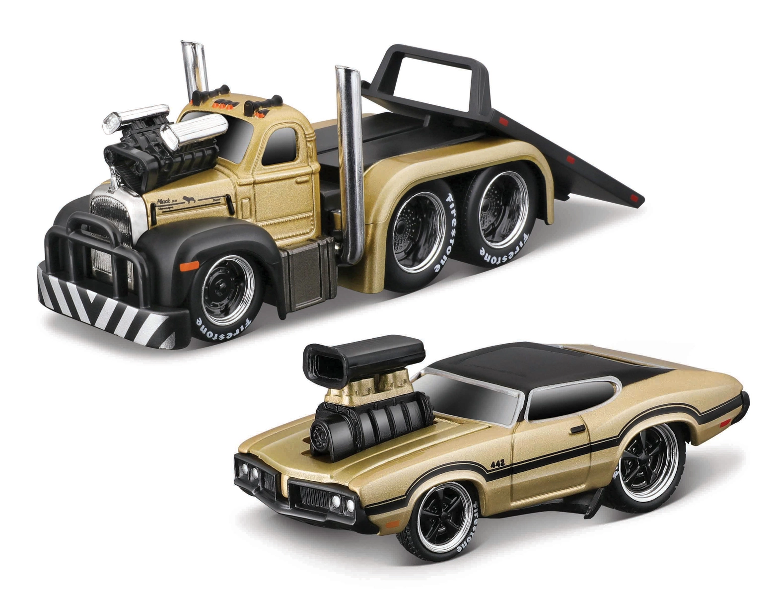 Levně Maisto Muscle Transports 1953 MACK B-61 Flatbed 1970 Oldsmobile 442 1:64