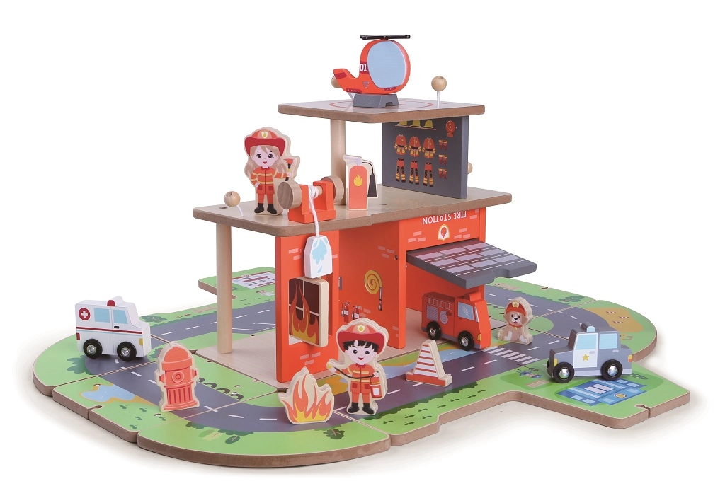 Dřevěná hasičská stanice 2 v 1 – stanice a auto