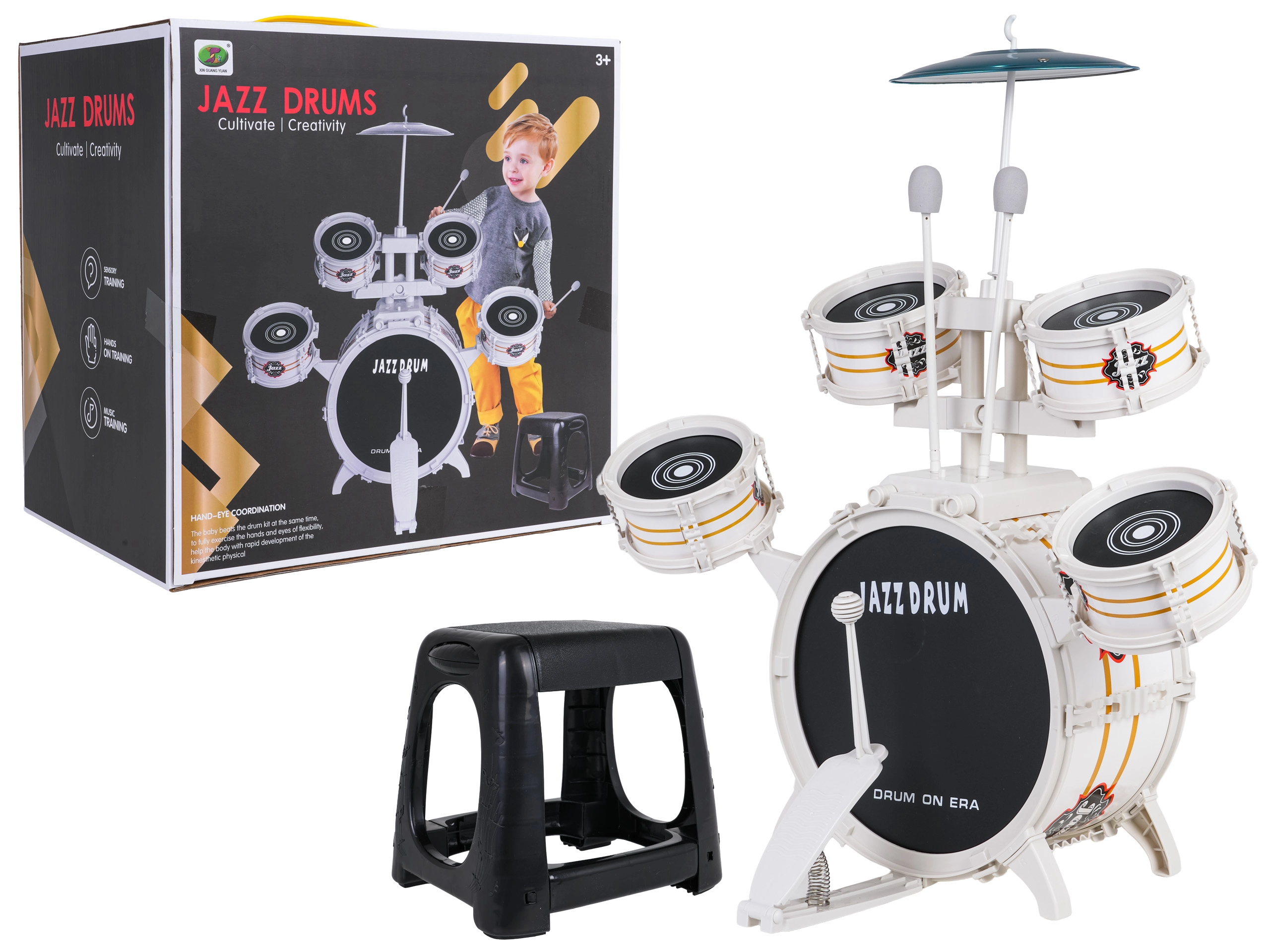 Dětská bílá bicí souprava se stoličkou