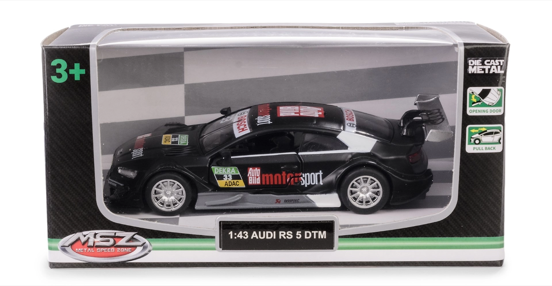 Model auta AUDI RS 5 DTM 1:43 černý kovový s otevíracími dveřmi a pull-back