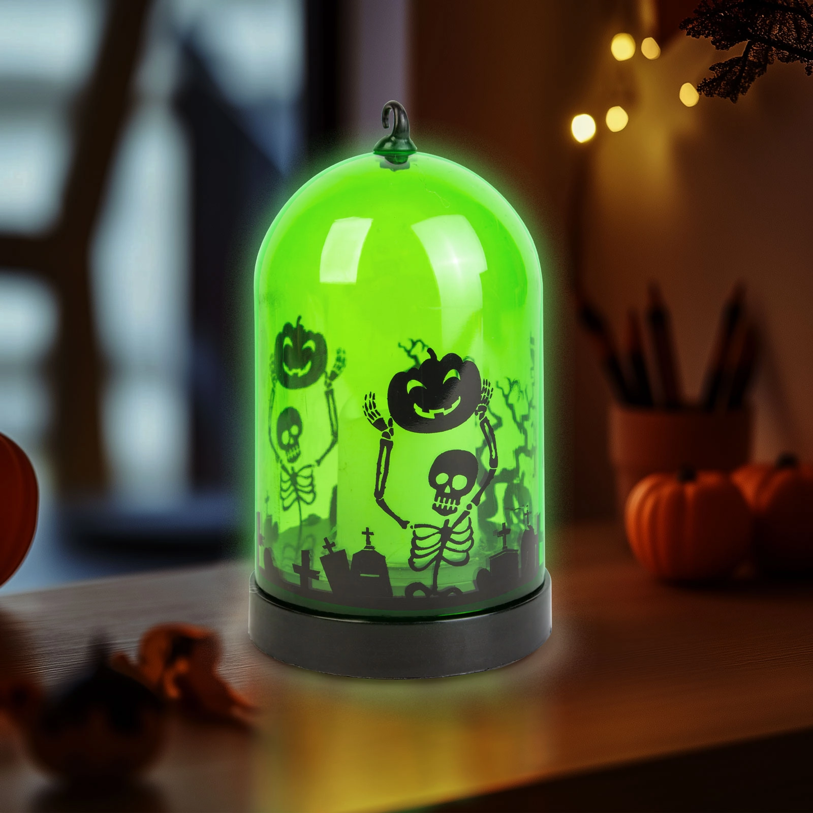Halloweenská LED lucerna se vzorem kostry zelená