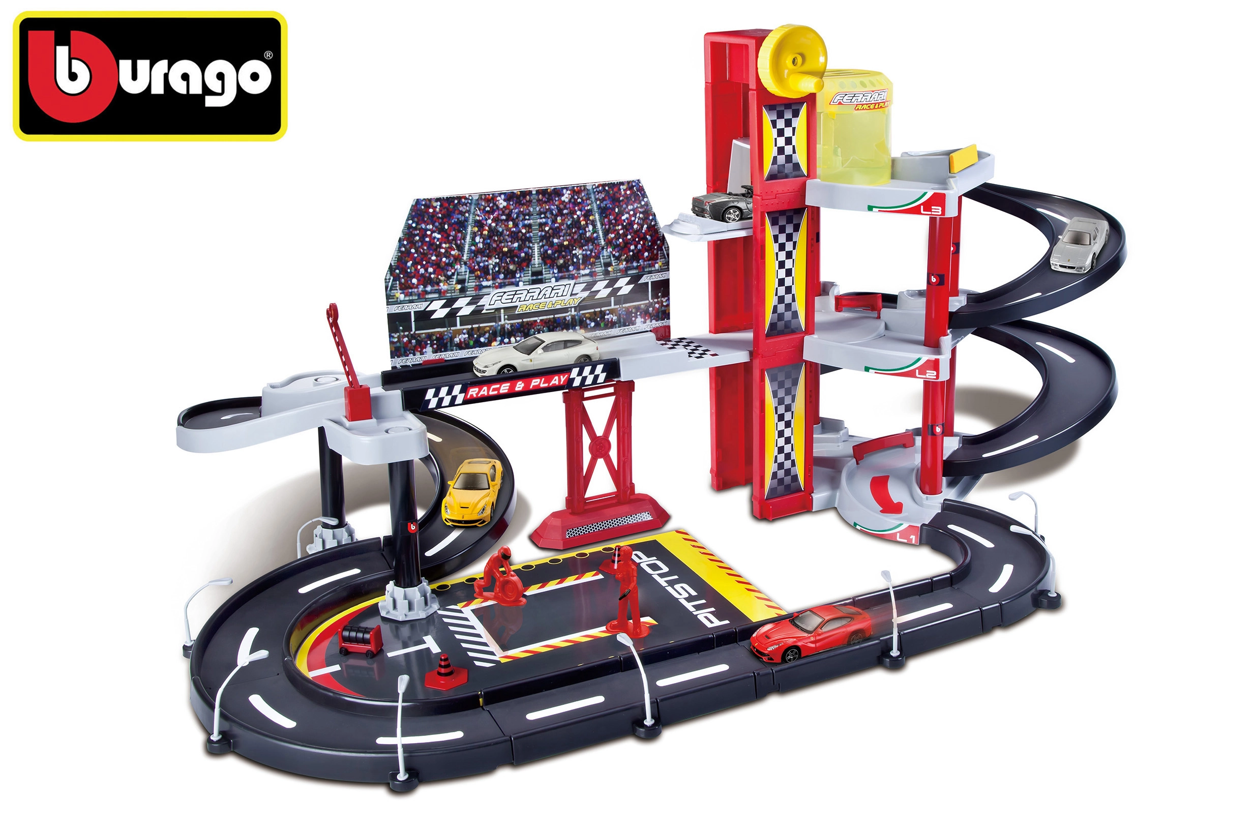 Levně Bburago Ferrari Race & Play garáž s jedním autíčkem 30197 parkovací garáž Ferrari Racing Garage 1:43