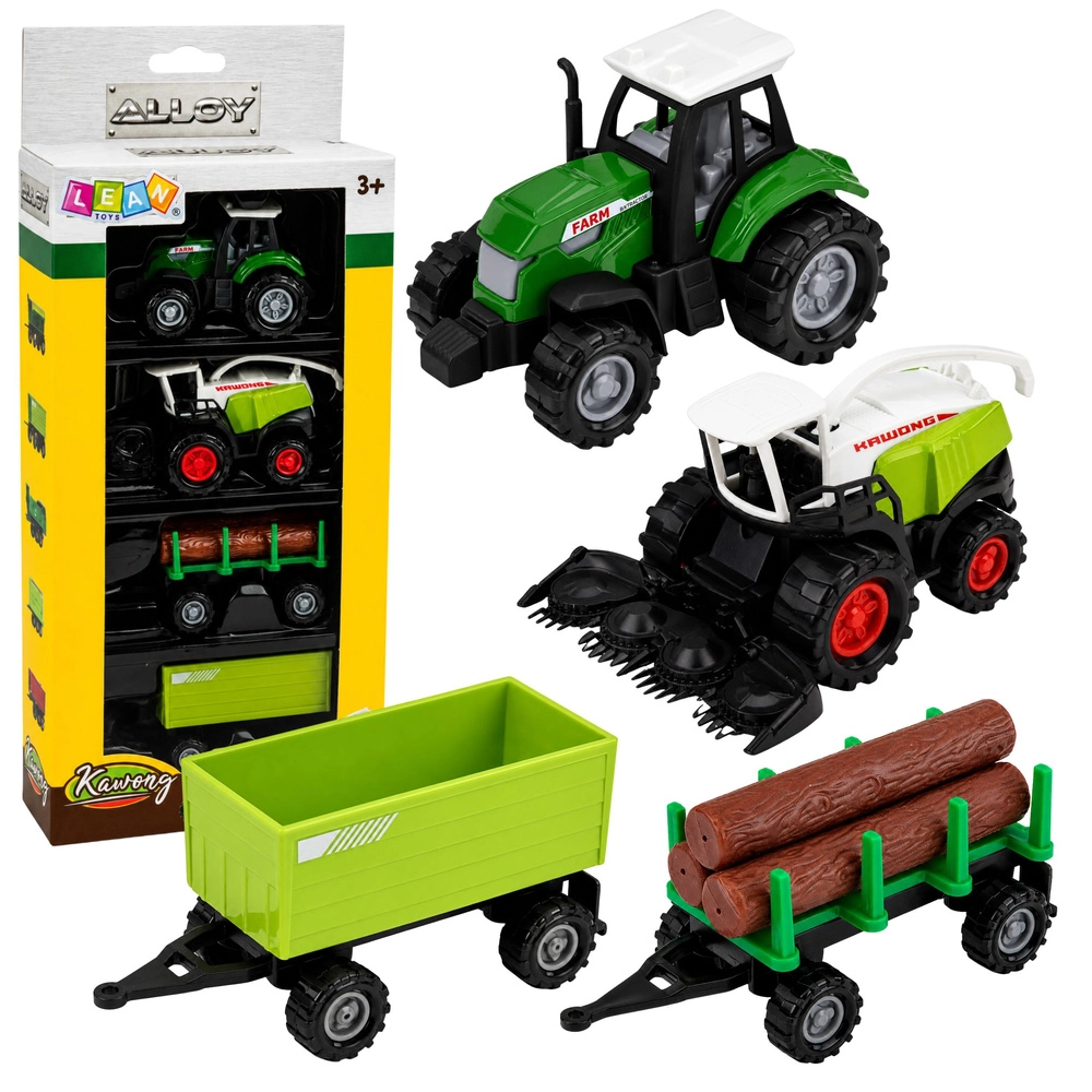 Sada zemědělských vozidel 1:68 – traktor, řezačka, přívěs a vlek na dřevo (4 ks)