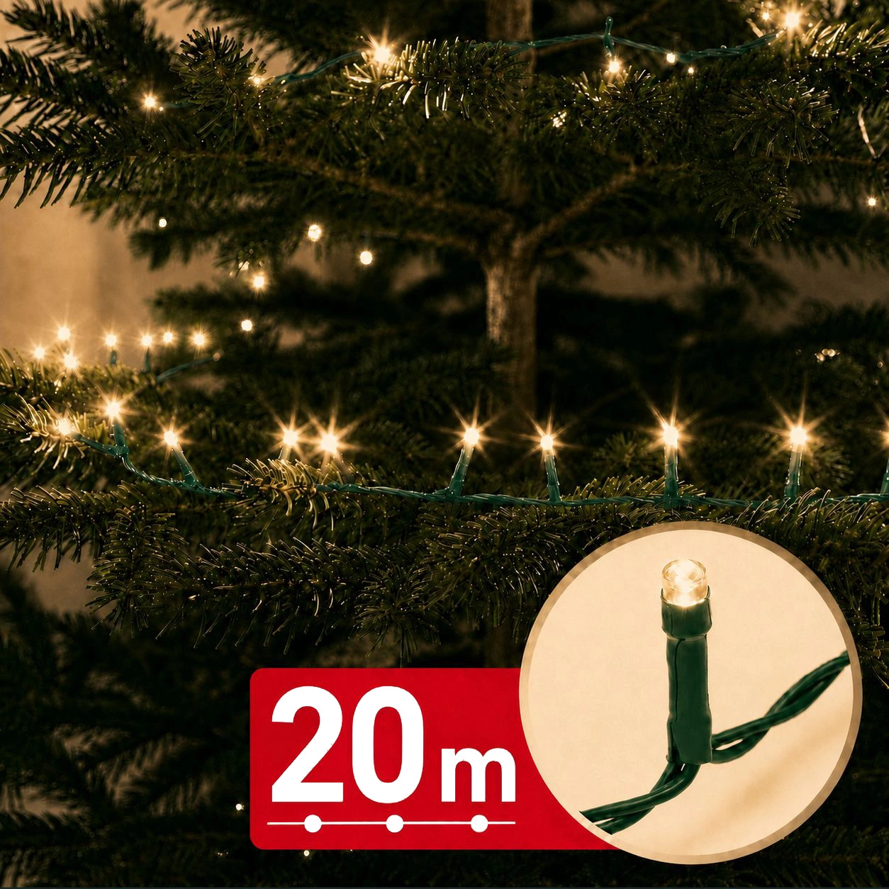 LED světelný řetěz 20 m, 400 LED, teplá bílá, zelený kabel