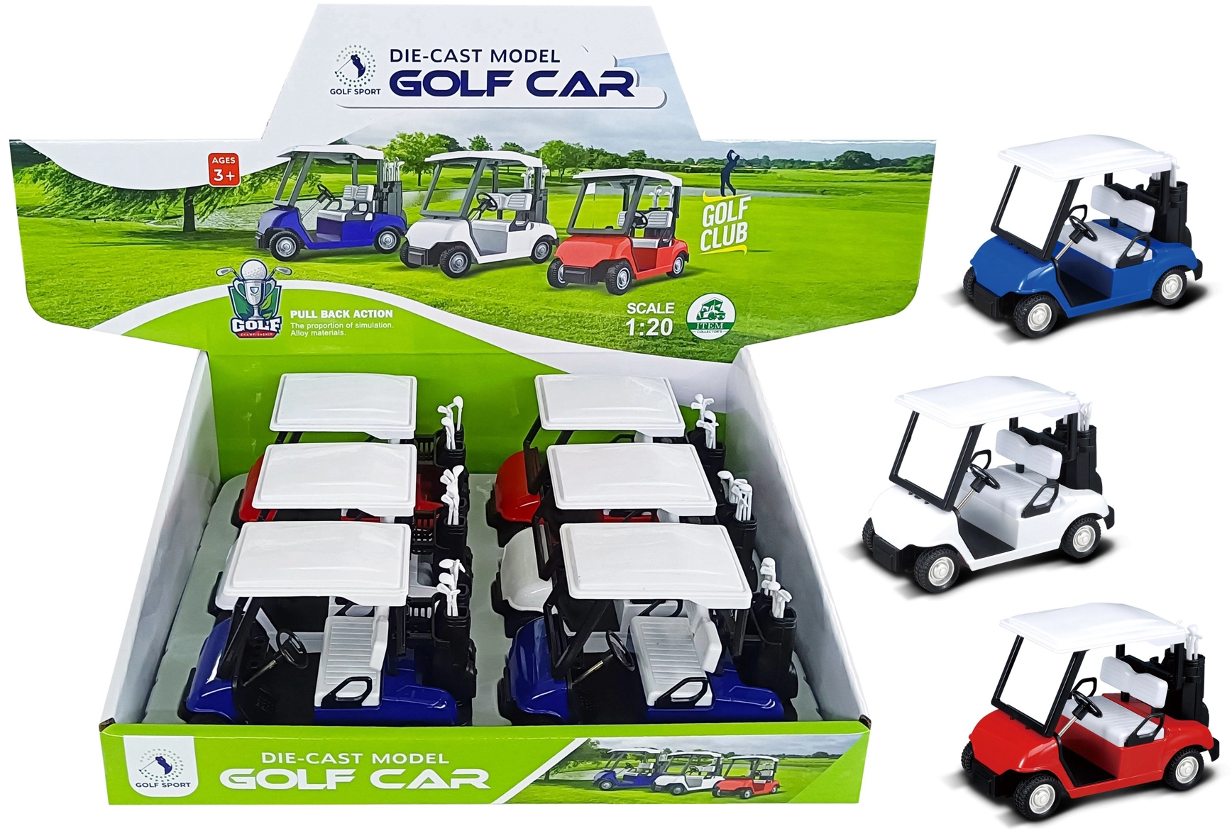 Levně Kovový model golfového vozíku 1:20 se zpětným natahováním (mix barev)