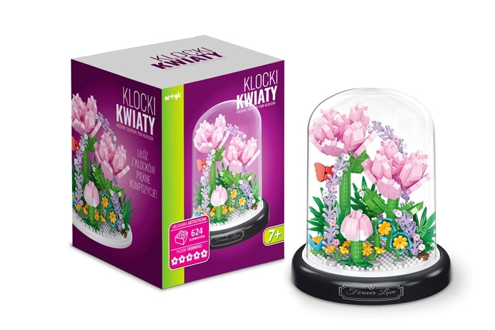 Stavebnice květiny růžové tulipány pod průhledným kloboukem 624 dílků