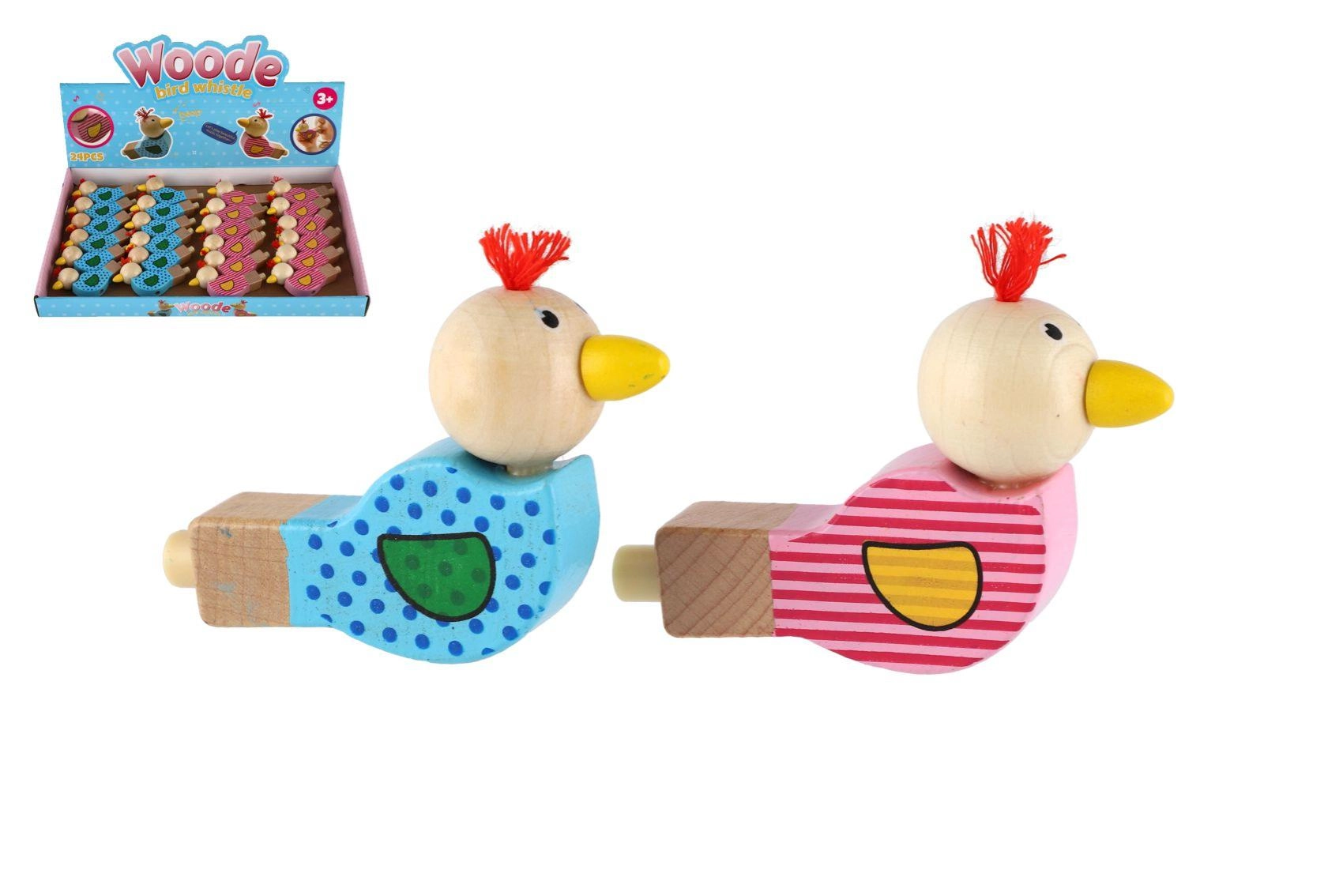 Dřevěná píšťalka ptáček 8 cm – barevná dětská pískací hračka