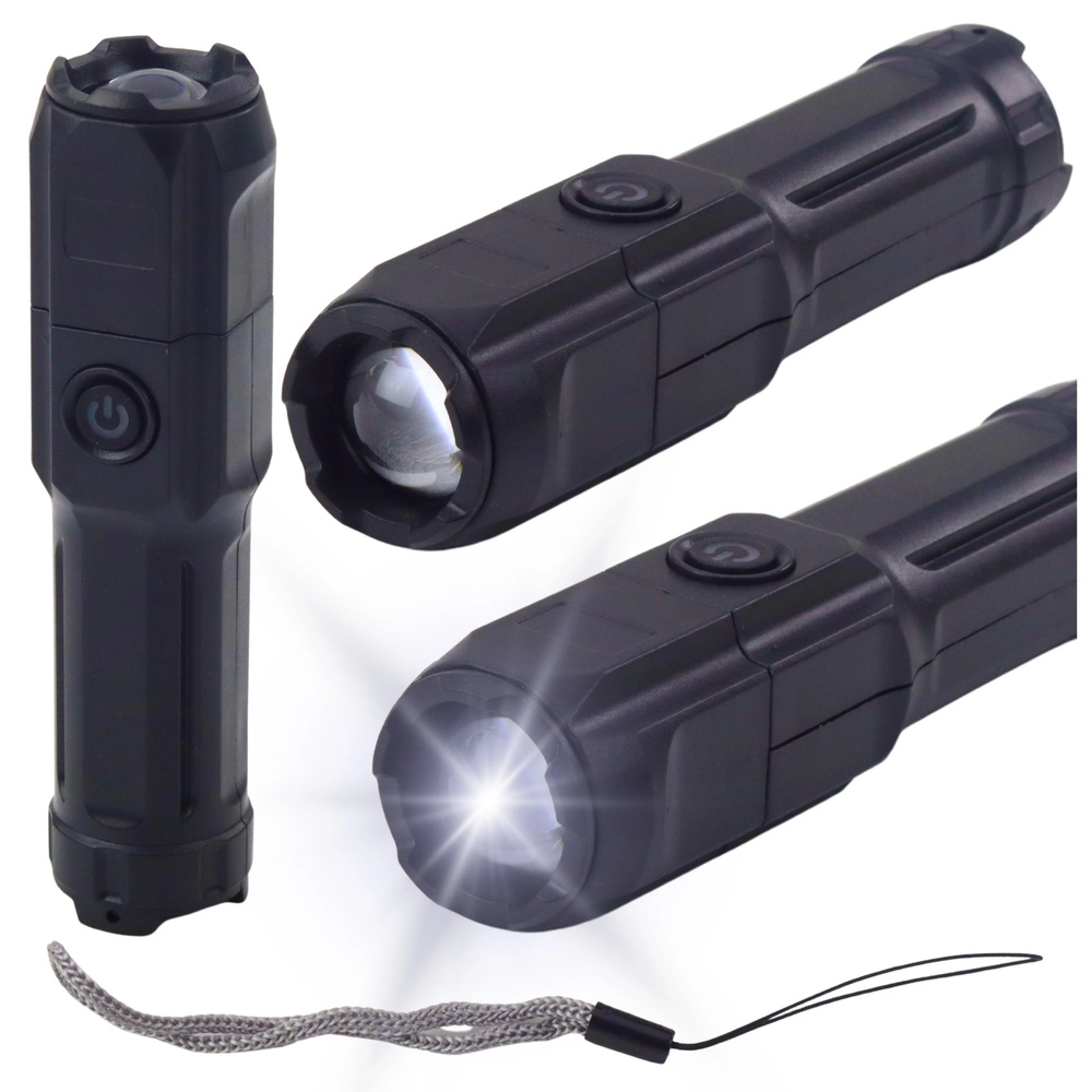 LED svítilna s zoomem, 3 režimy, dobíjení přes USB, černá