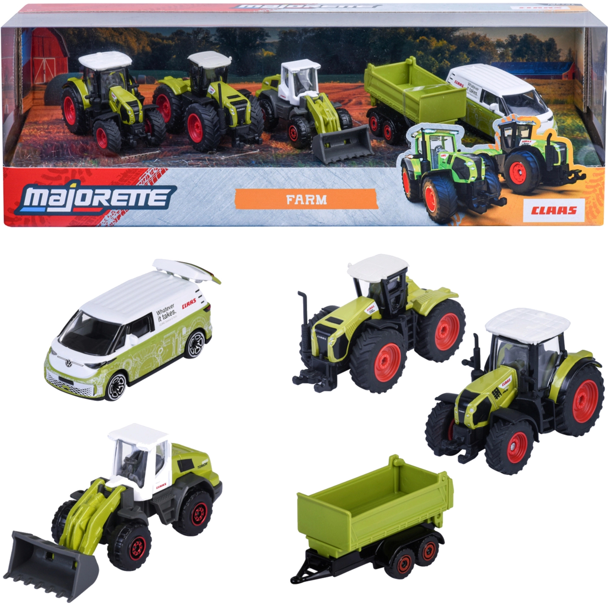 Majorette Claas Farm set 5 vozidel – traktory, přívěs a Volkswagen