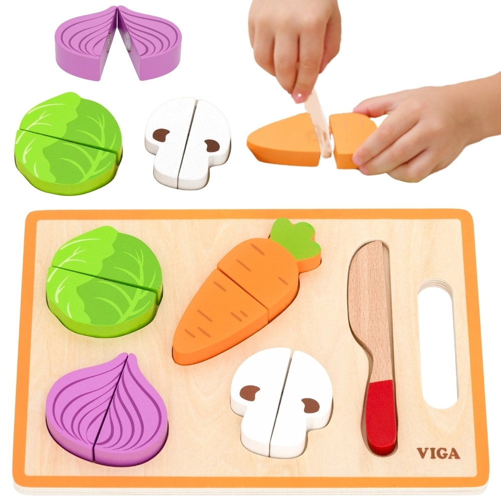 Viga dřevěná montessori sada zeleniny na krájení s deskou a nožíkem