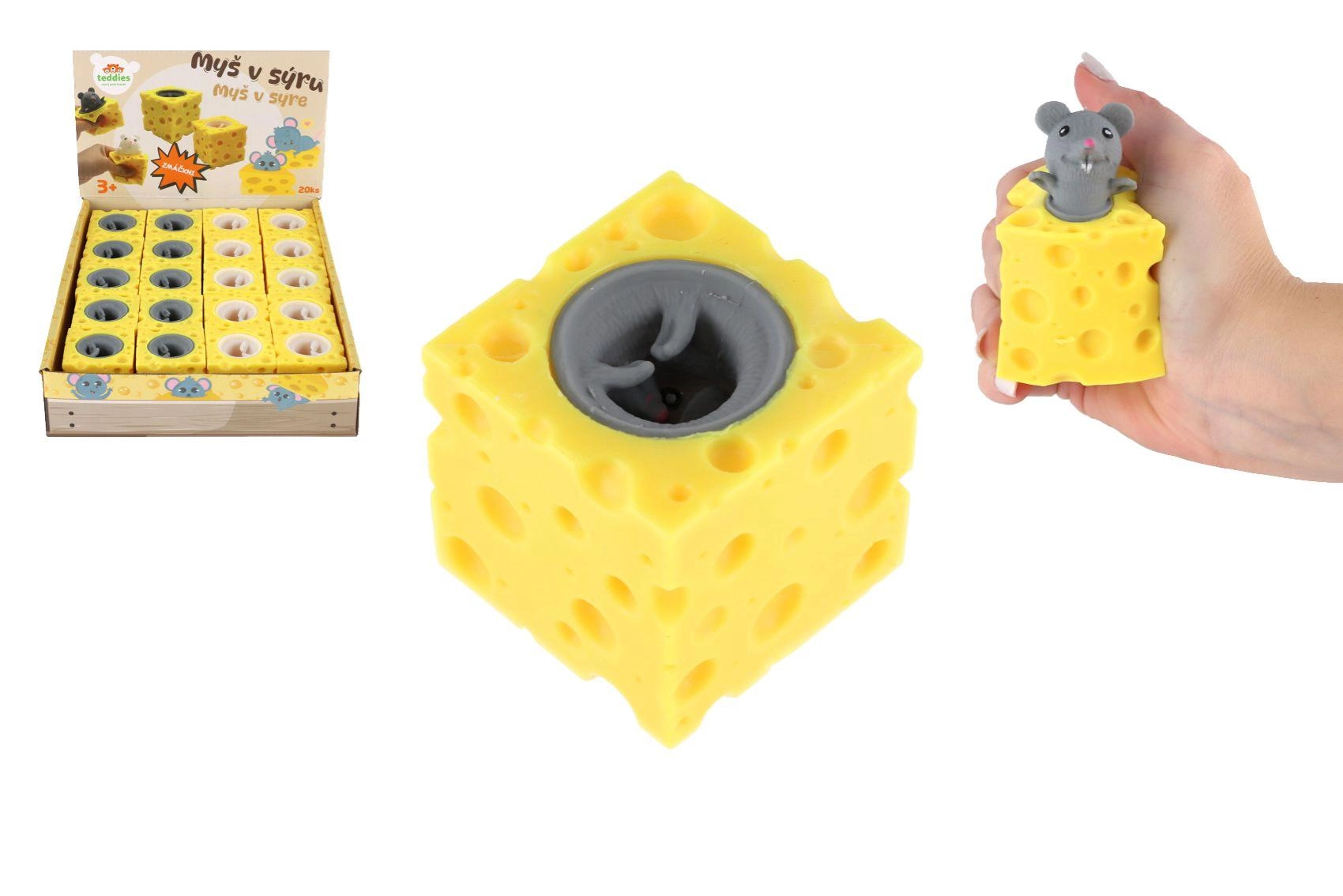 Mačkací antistresová hračka Myška v sýru, 2 barvy