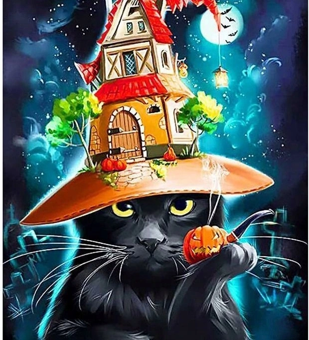 Malování podle čísel Kočka v halloweenské čepici 40 × 50 cm