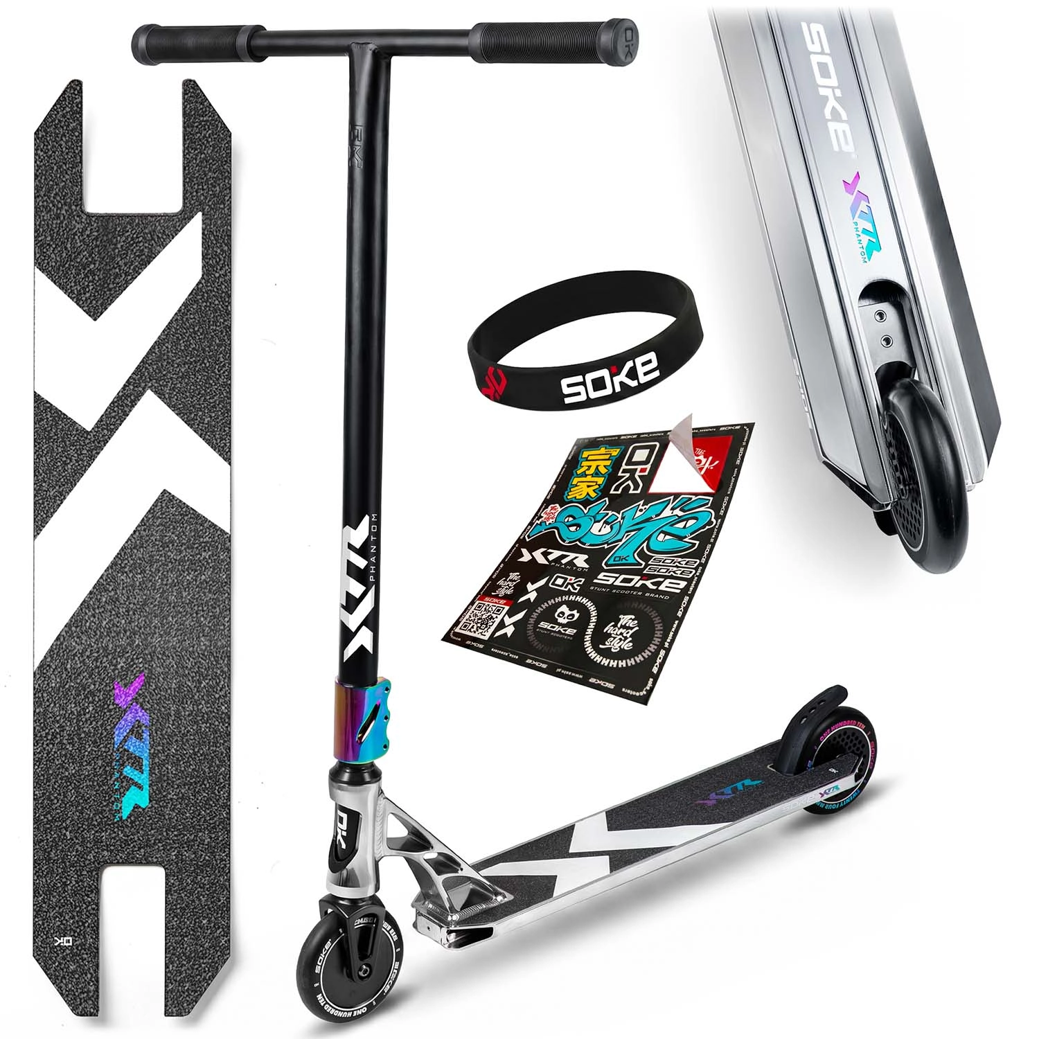 Soke XTR Phantom chrome profesionální freestyle koloběžka stříbrno-černá