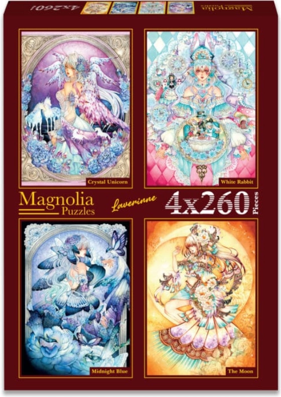 Magnolia puzzle křišťálový jednorožec, bílý králík, půlnoční modř a měsíc 4×260 dílků
