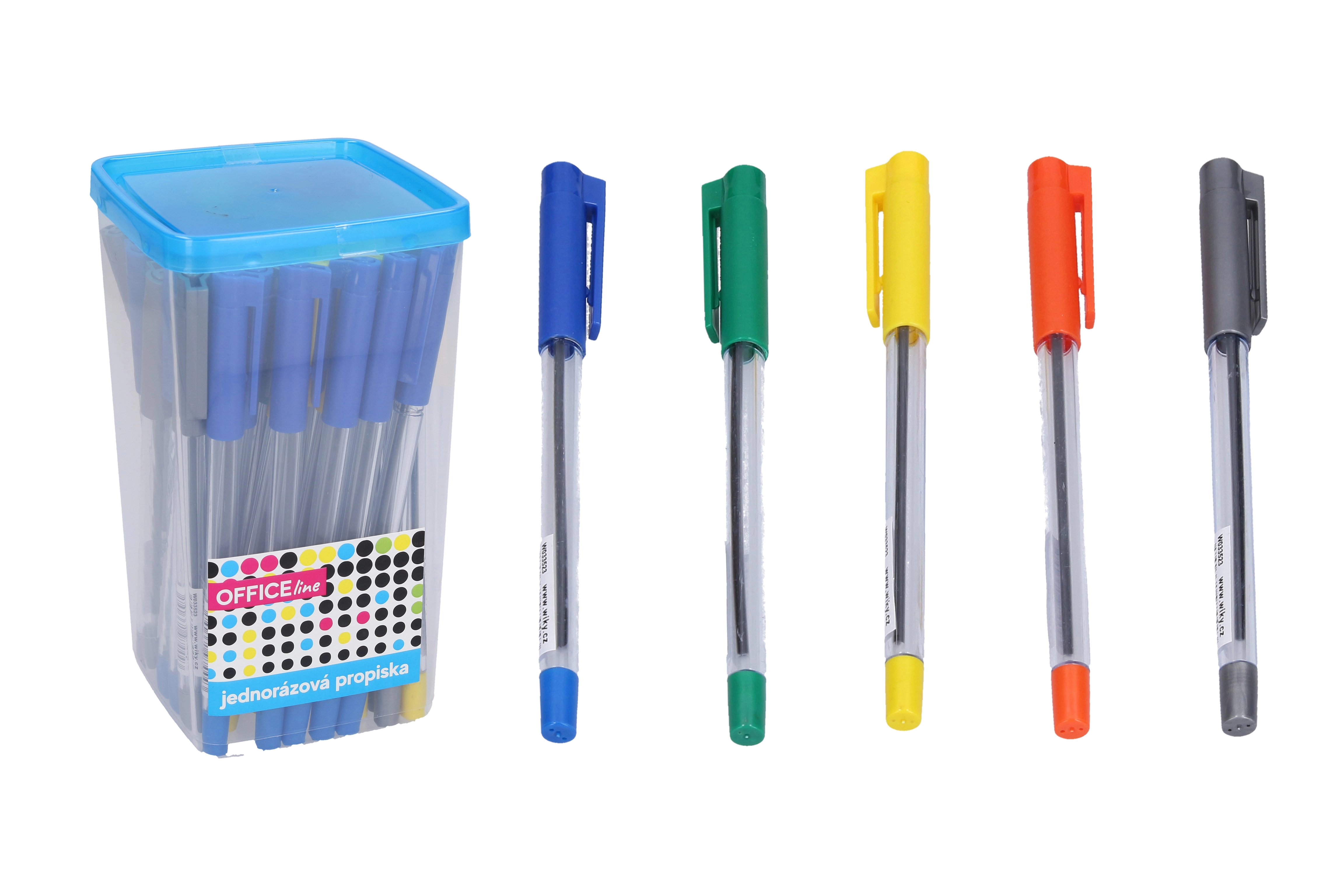 Jednorázové modré propisky v PVC boxu, 50 ks