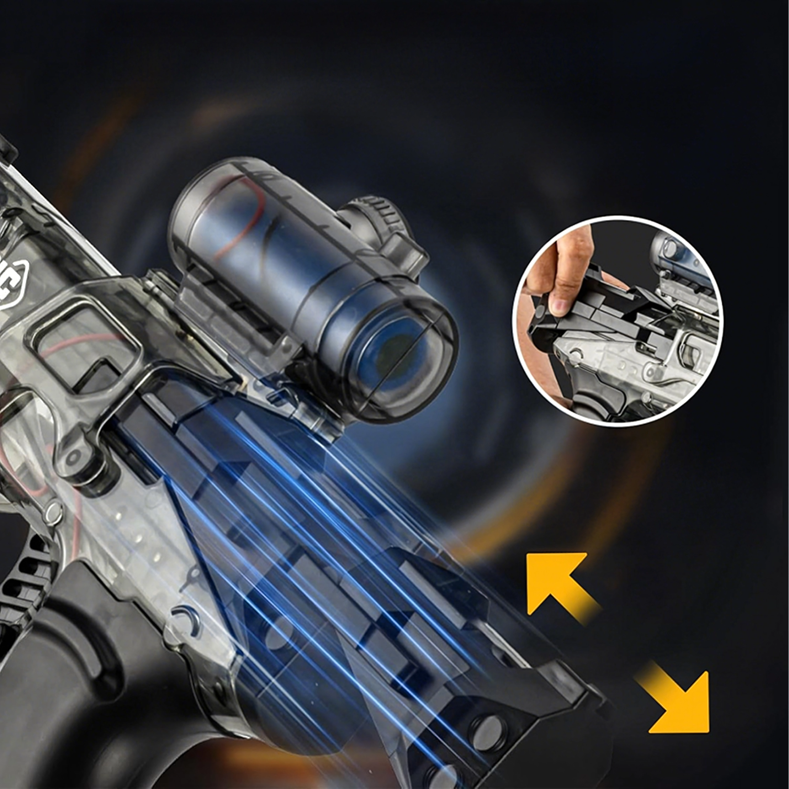 Elektrická vodní pistole s automatickým střelbou a akumulátorem, dosah 10 m