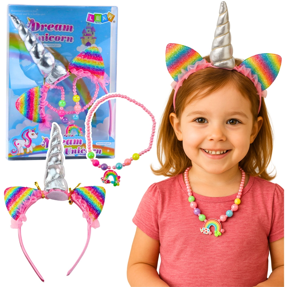 Dětský set jednorožec Dream Unicorn – čelenka s rohem a barevný náhrdelník