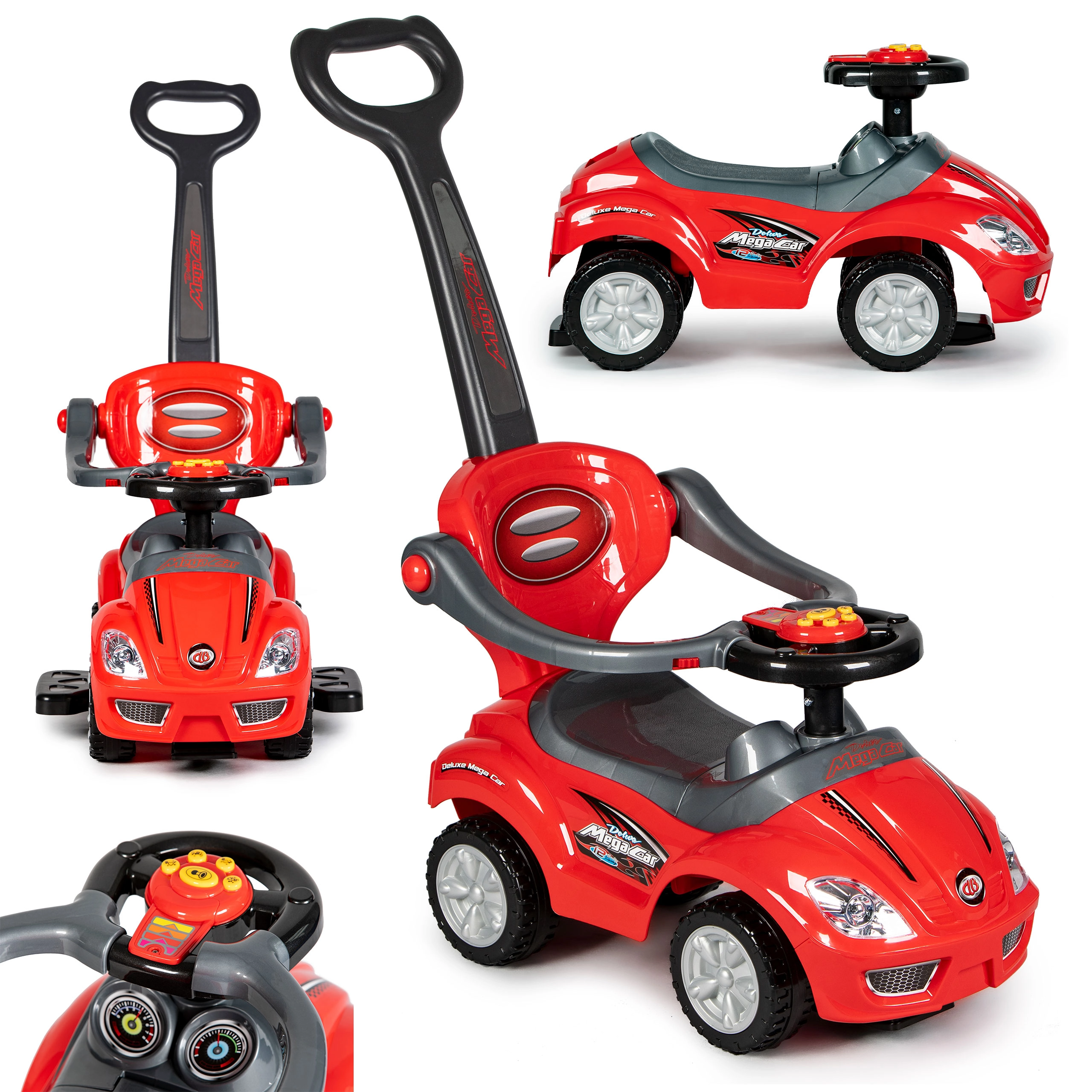 ECOTOYS Odrážedlo se zvuky a vodící tyčí Auto červené