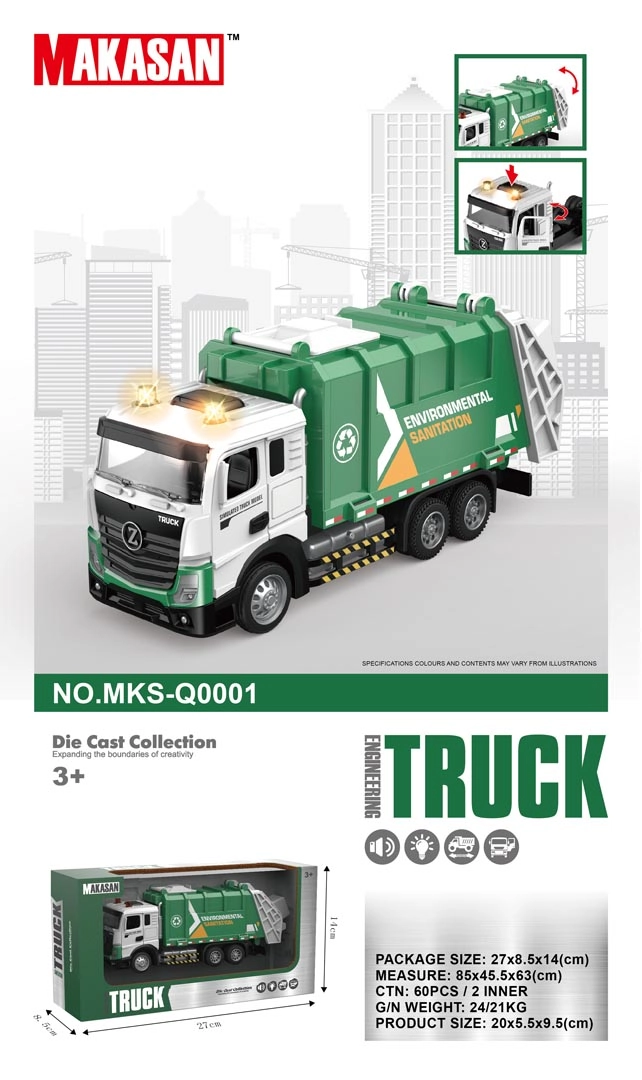 Kovový popelářský vůz se světly a zvuky