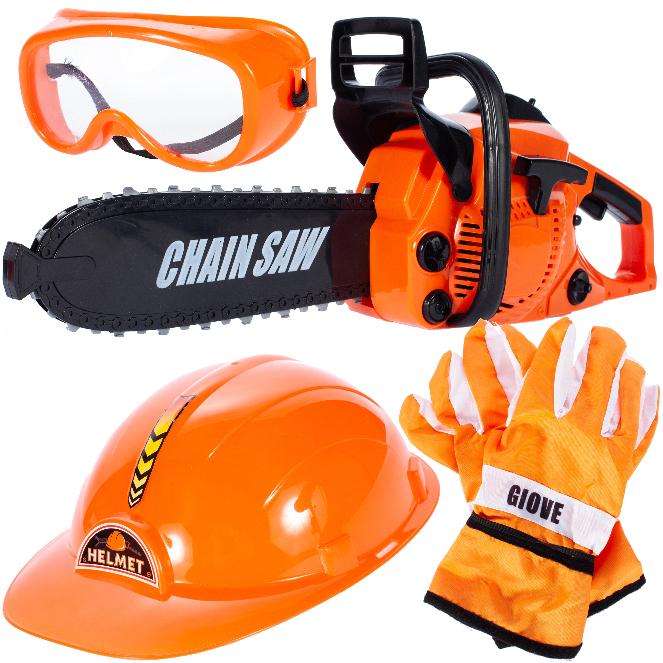Dětská sada dřevorubce s motorovou pilou, rukavicemi, helmou a brýlemi