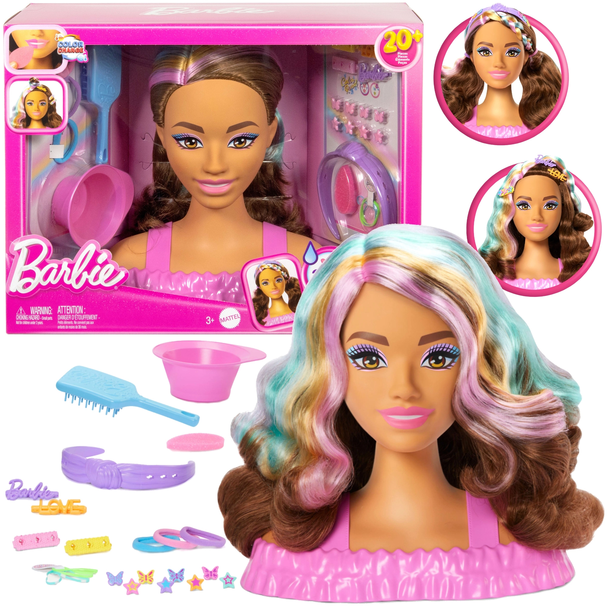 Barbie hlava na česání a stylování s doplňky, 20 dílů